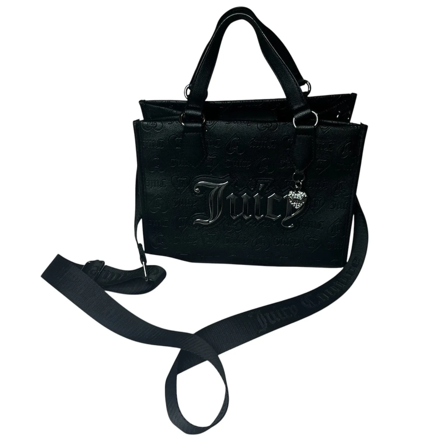 Juicy Couture Black Embossed Logo Satchel Crossbody Heart Charm Bag Purse - Image 2