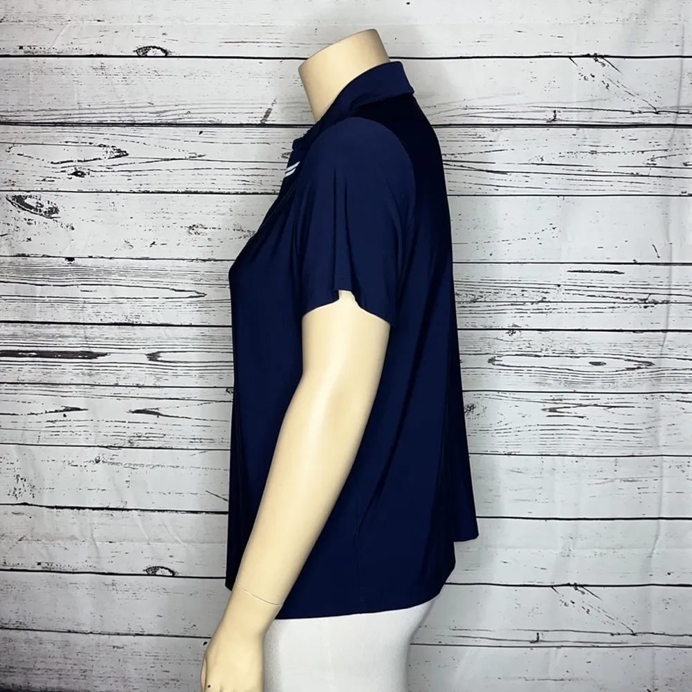 Susan Graver Sz. 1X Navy Blue - Stripe Trim Collar Liquid Knit Polo Shirt Blouse - Image 3