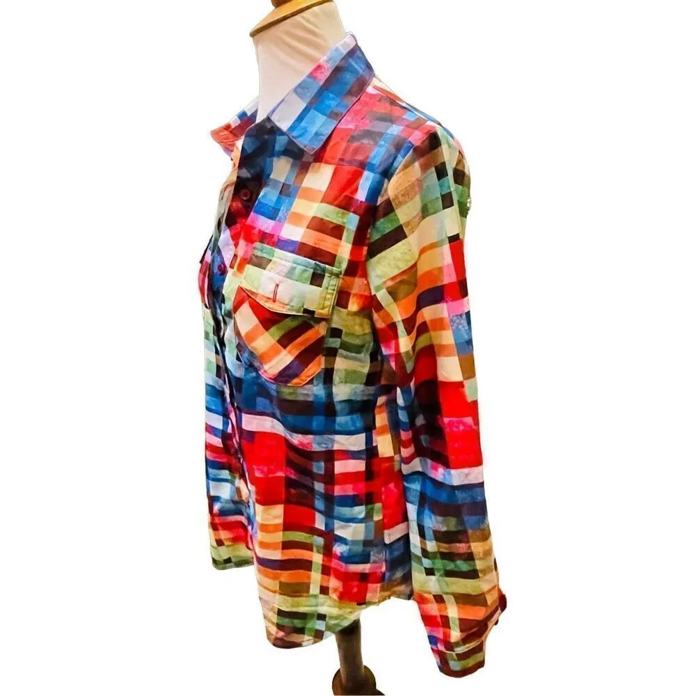 Unbranded Rainbow Checkered Button Down Long Sleeve Shirt Size Medium Red - Image 11