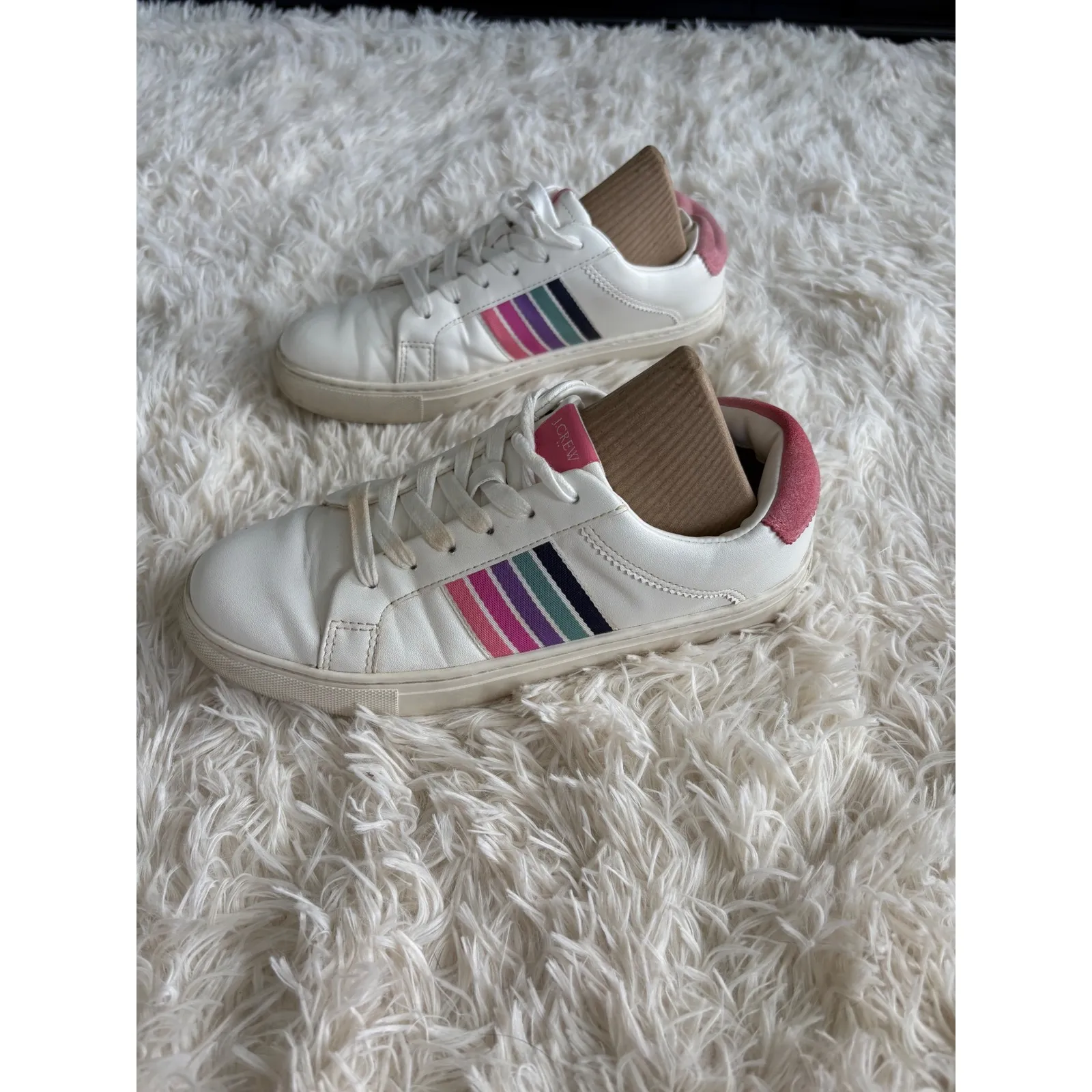 J.Crew Women's White Leather Sneakers Rainbow Stripe Tennis‎ Shoes Size 7 - Image 4