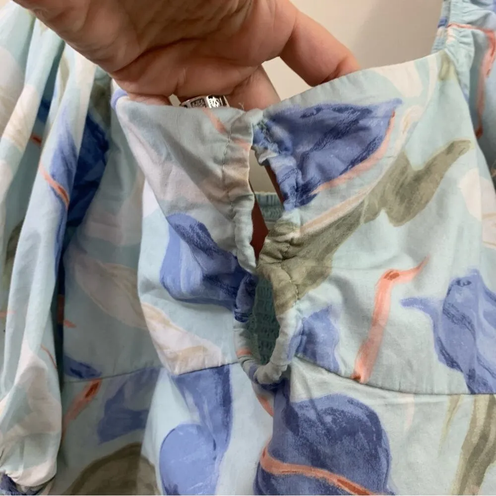 Abercrombie & Fitch Puff Sleeve Poplin Floral O-Ring Blue/Green Crop Top - Image 3