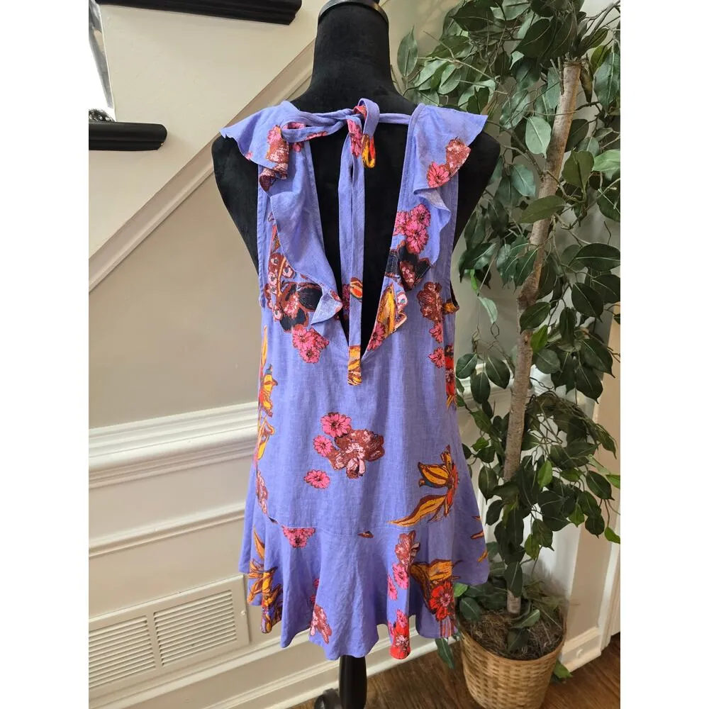 Free People Tunic Top Womens Small Blue Floral Cap Sleeve Drop Waist Crew Neck - Image 4