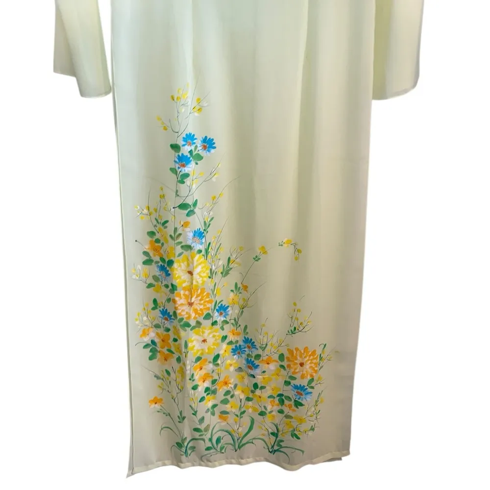 Vintage Ao Dai Yellow Hand Painted Floral Long Sleeve sheer Dress - Image 3