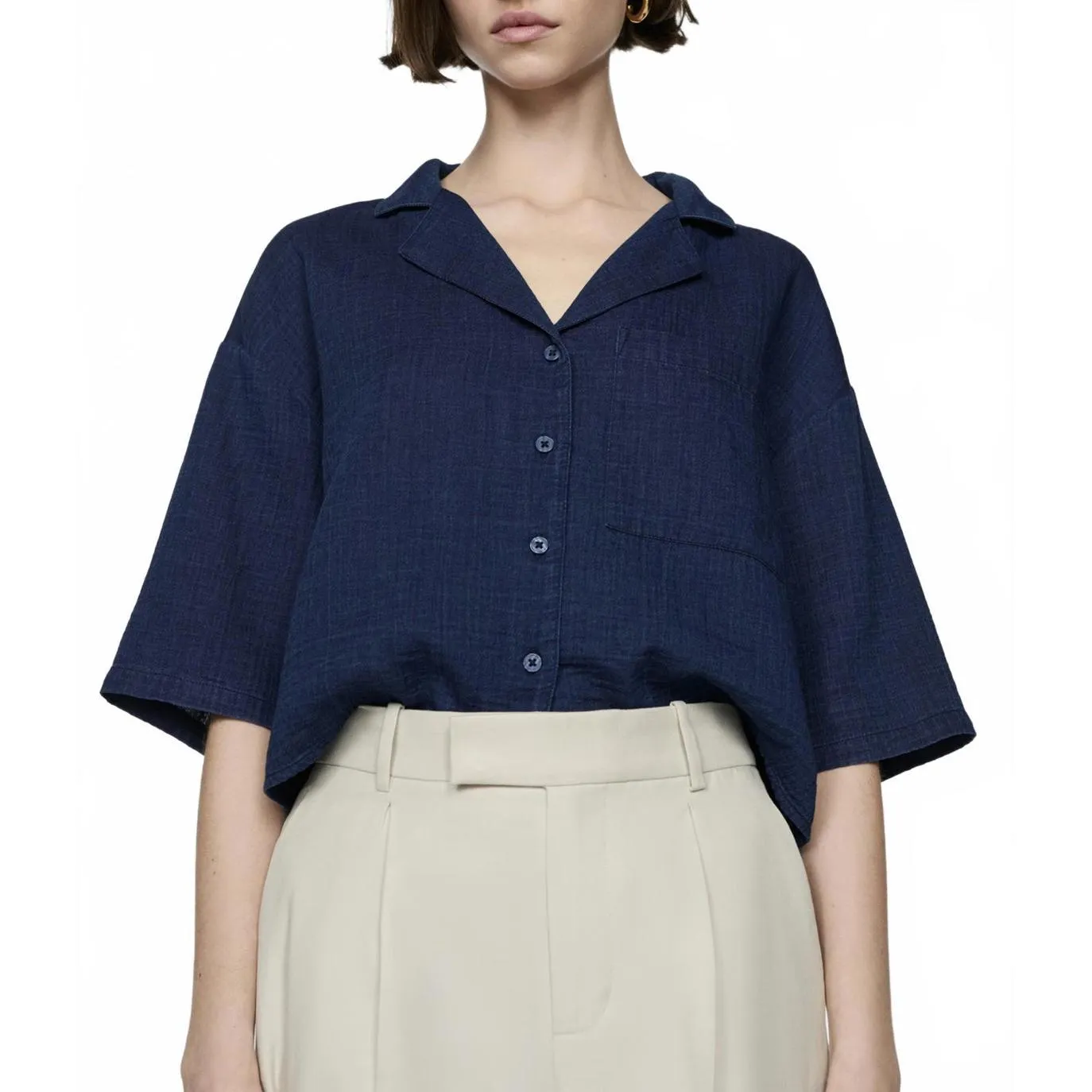 Mango 100% Bambula Cotton Short Sleeved Cotton Shirt Night Blue NWT Bambie Large - Image 2