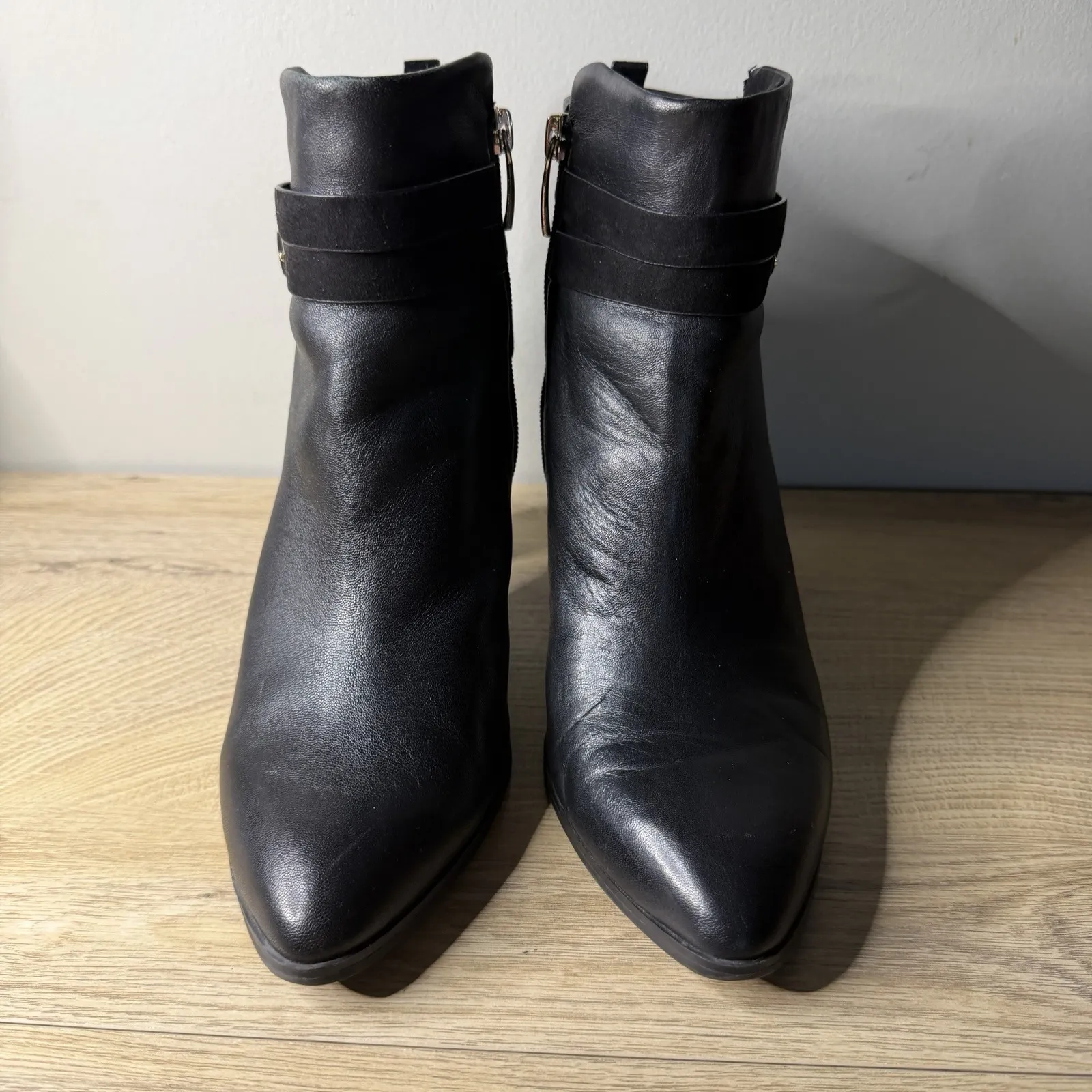 Essex Lane Black Heeled Ankle Boots Pointed Toe Buckle Strap Zip Booties Women 8 - Image 3