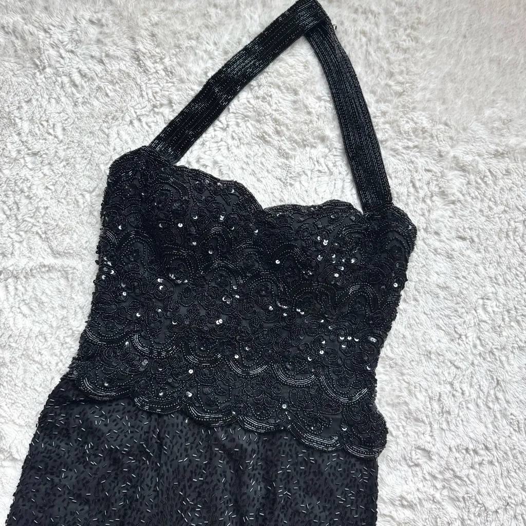 Vintage Nite Line Silk Halter Evening Gown Dress S Black Beaded Sequin Art Deco - Image 4