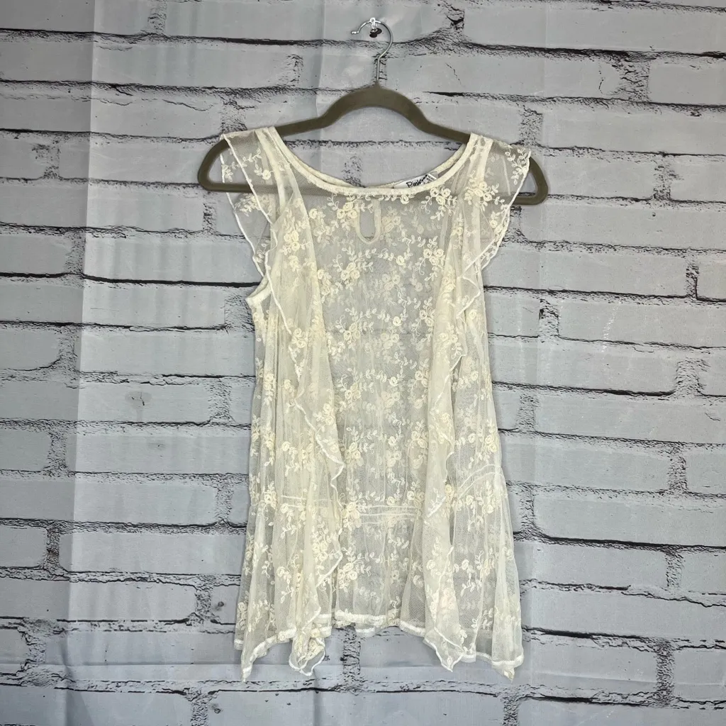 Pinky Sheer White Floral Lace Top SZ S Wedding See Through Minimalist Elegant - Image 2
