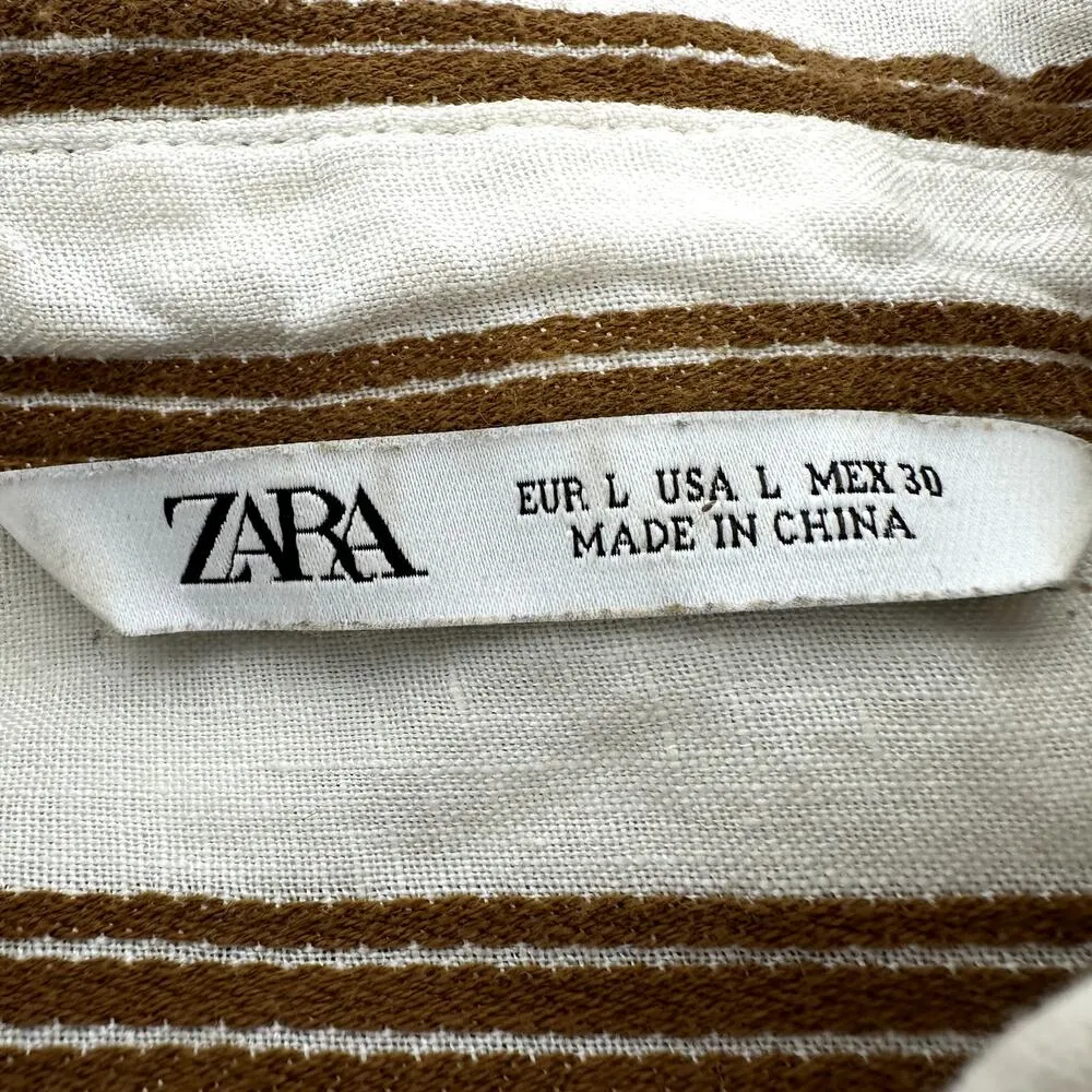 Zara Linen Midi Shirt Dress Striped Side Slit Button Down Collar Brown White L - Image 3