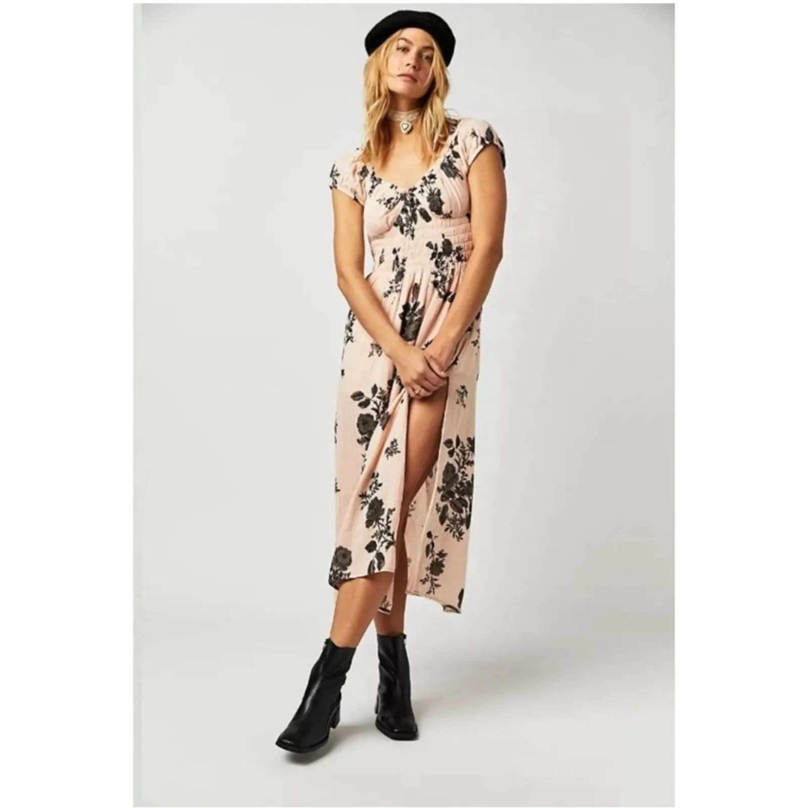 Free People Dainty Bohemian Gauze Forget Me Not Floral Midi Dress Blush Large - Image 8