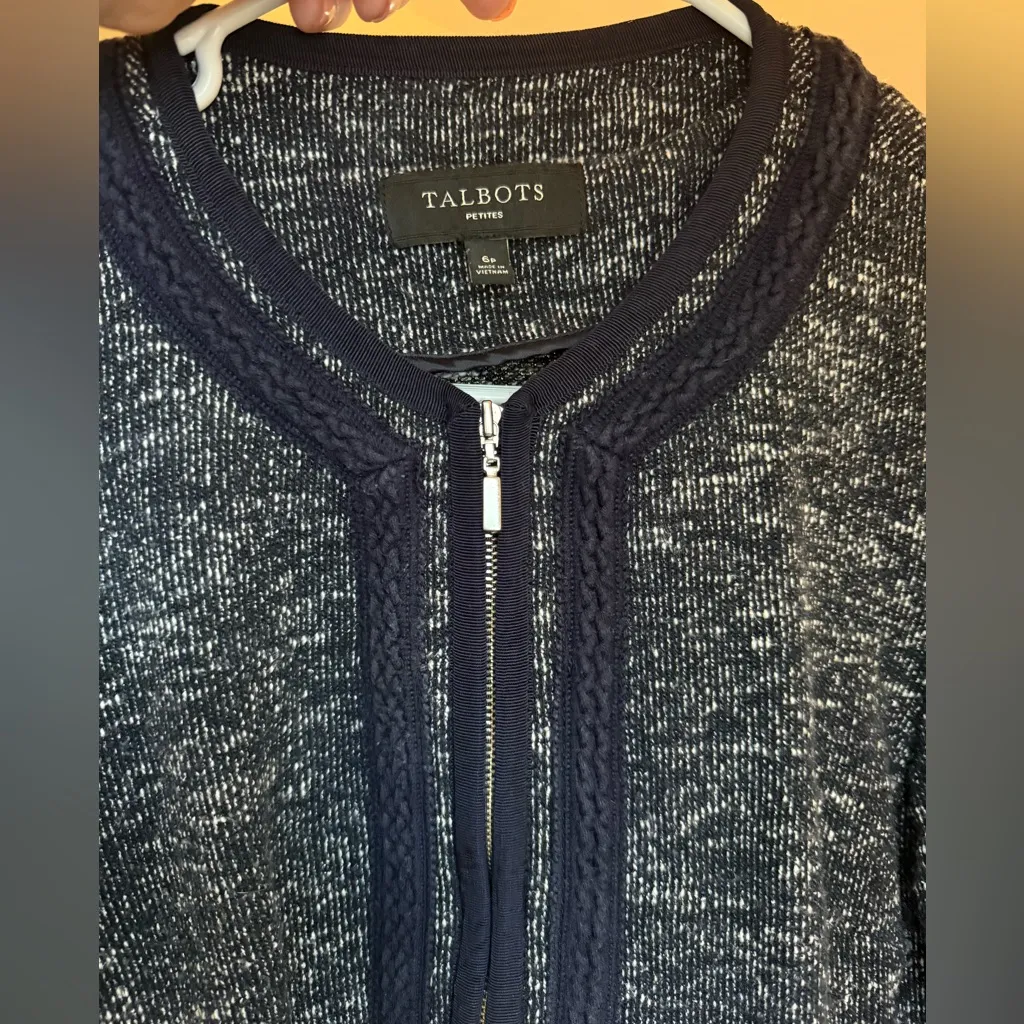 Talbots Tweed Knit Blazer Braided Trim Full Zip Navy White - Image 5