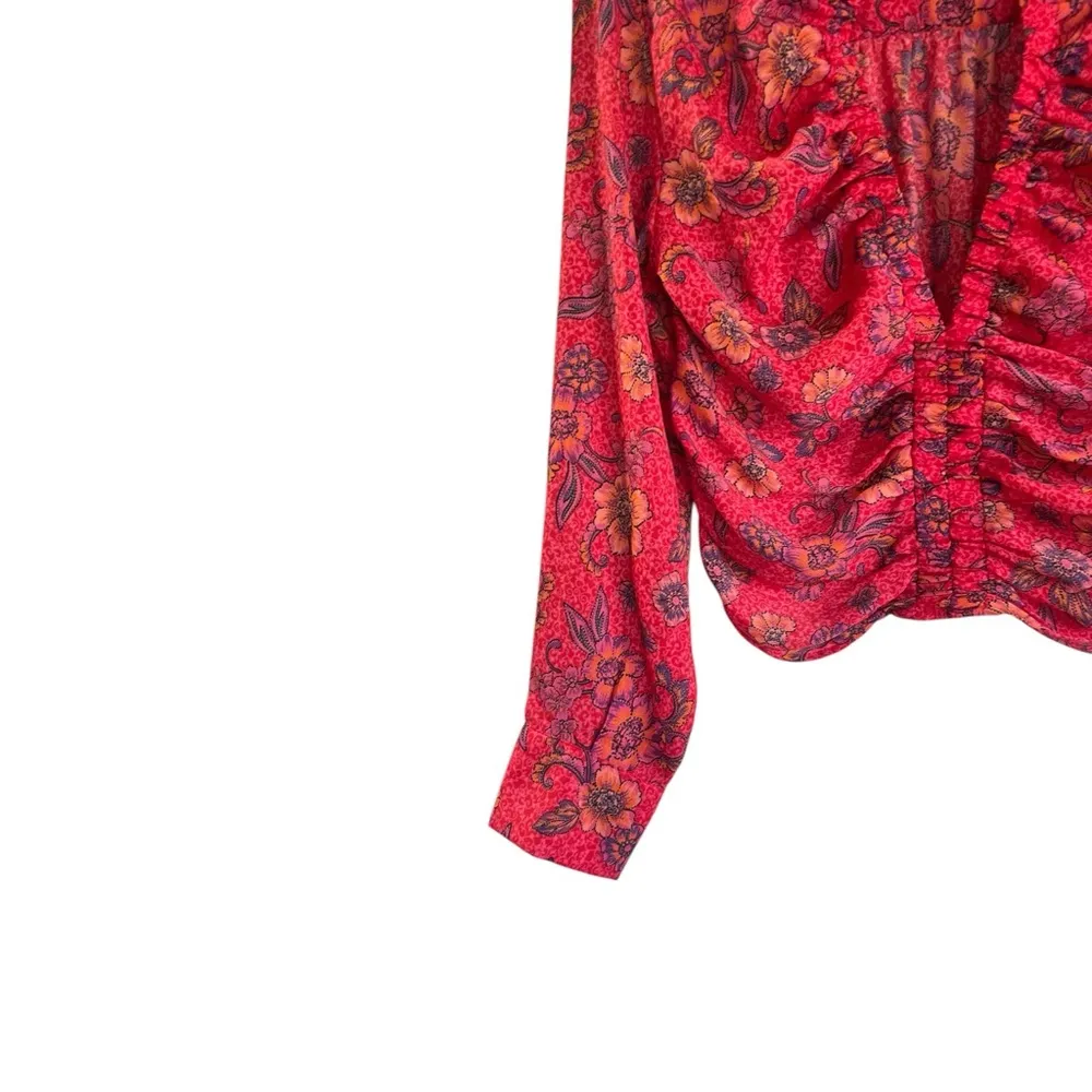 Free People Long Sleeve Floral V-Neck I Got You Printed Top Red Size Medium - Image 4