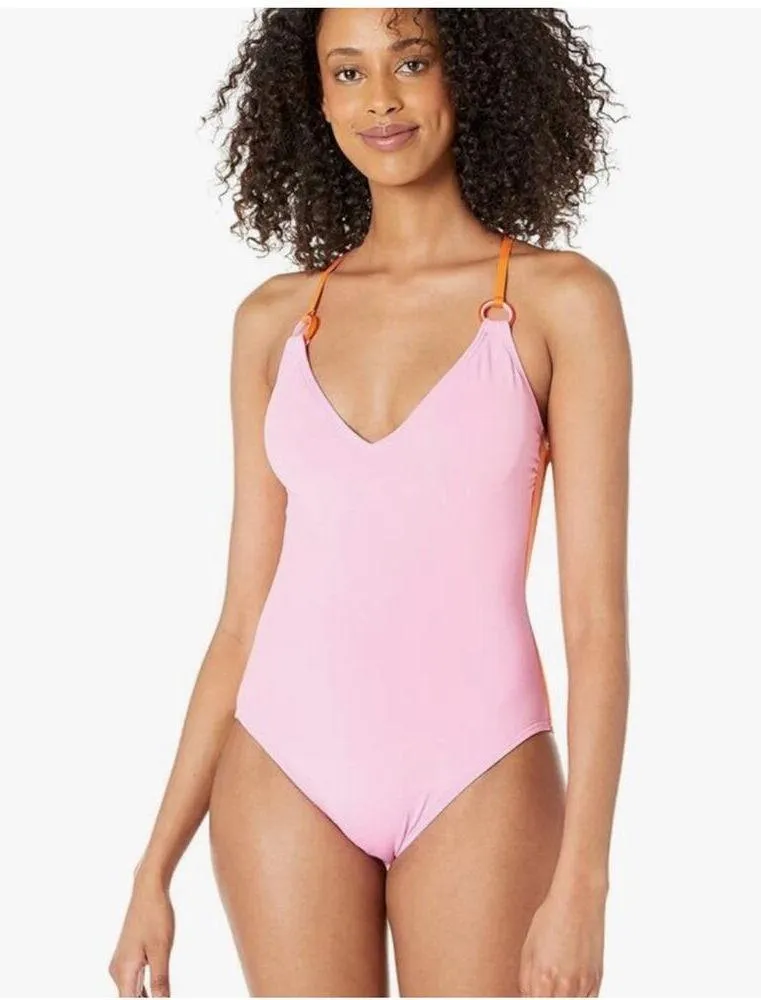 KATE SPADE Swimsuit SZ Small NEW Plunging V-Neck One Piece Orange Surf Pink NWOT - Image 3
