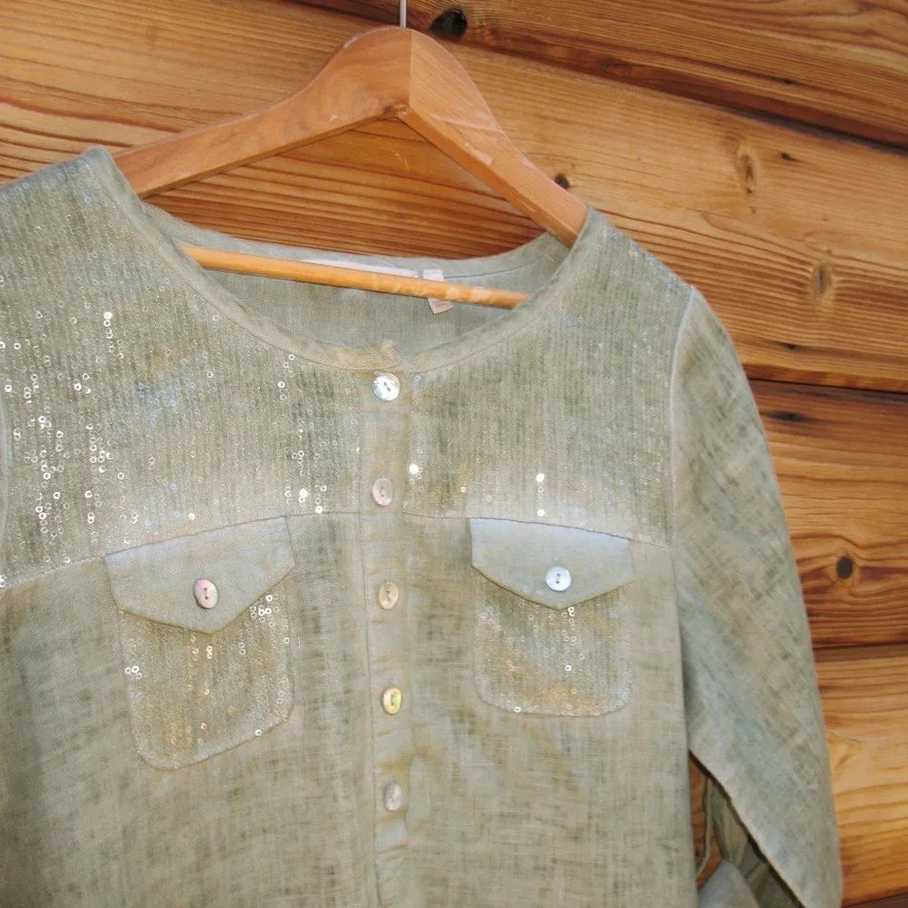 Green Sequin Linen Tunic Top - Image 5