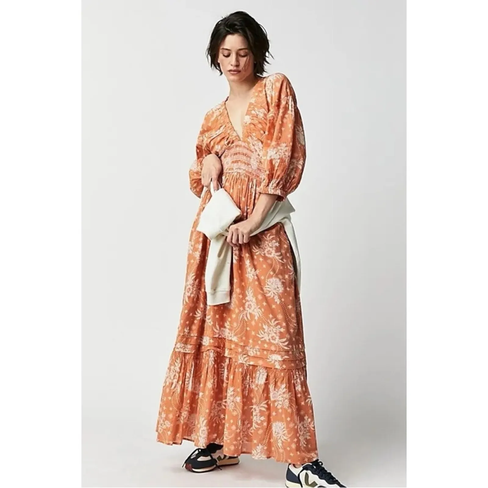 Free People Golden Hour Maxi Dress Bohemian Floral Dainty Tan Neutral Large - Image 4