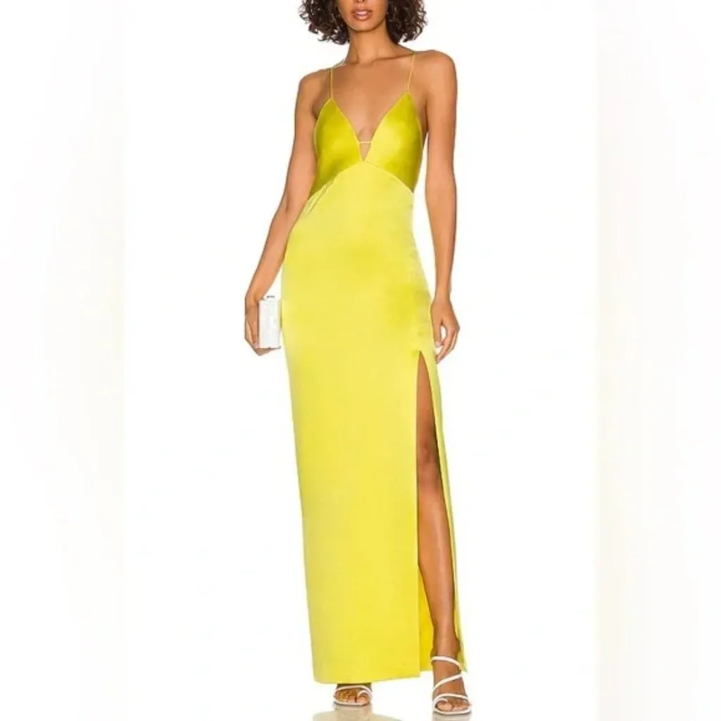 NEW NWT Alice + Olivia Dakota Bias Slip Gown Yellow Satin Side Slit Size 2 - Image 2