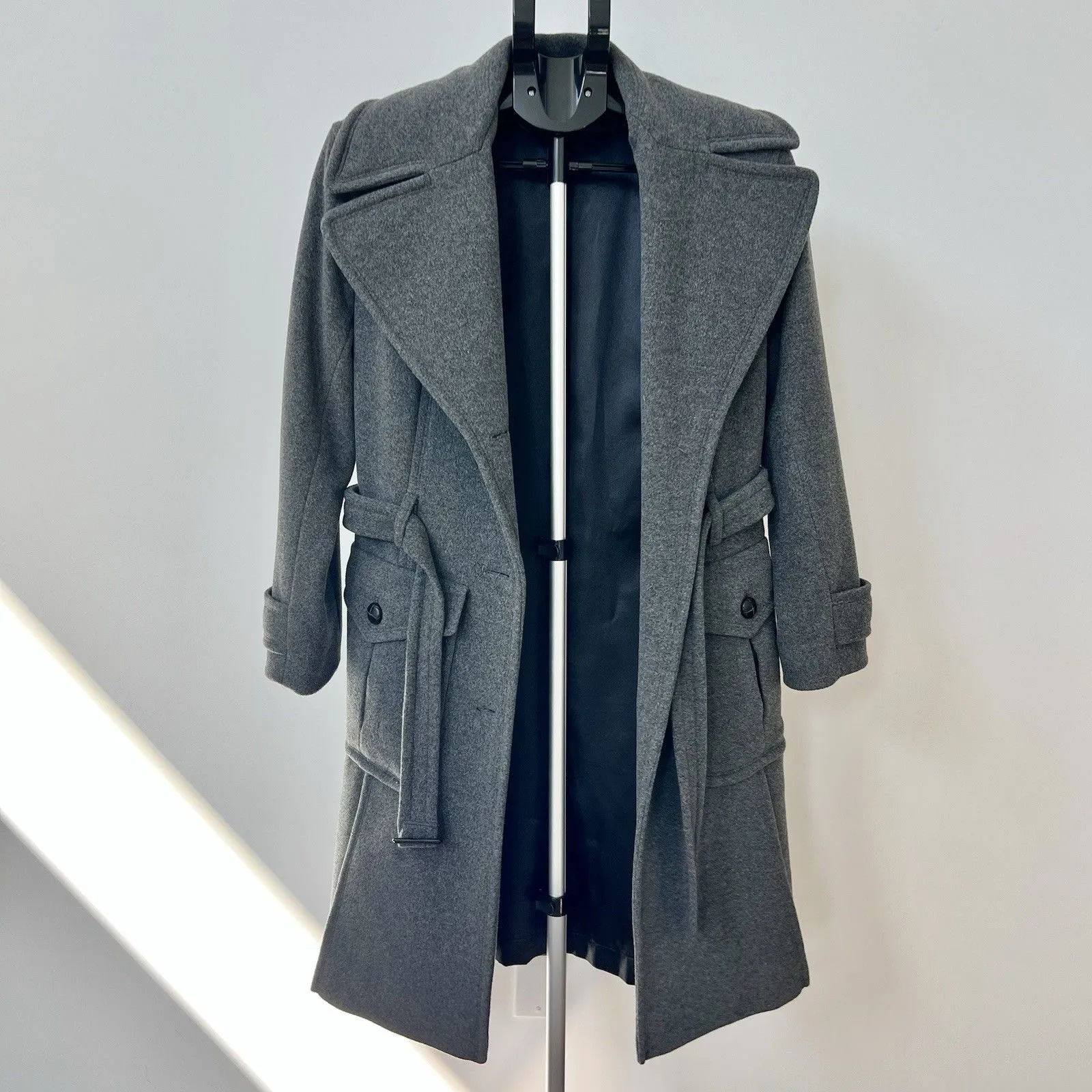 DKNY Women’s Wool Belted Trench Coat Grey 4 Button Thick Warm Pleated Gray EUC - Image 2