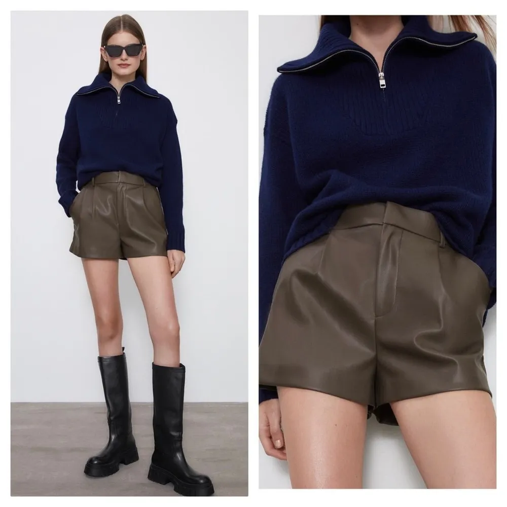 Zara Pleather Pleated High Waist Shorts Medium Faux Leather Taupe - Image 9