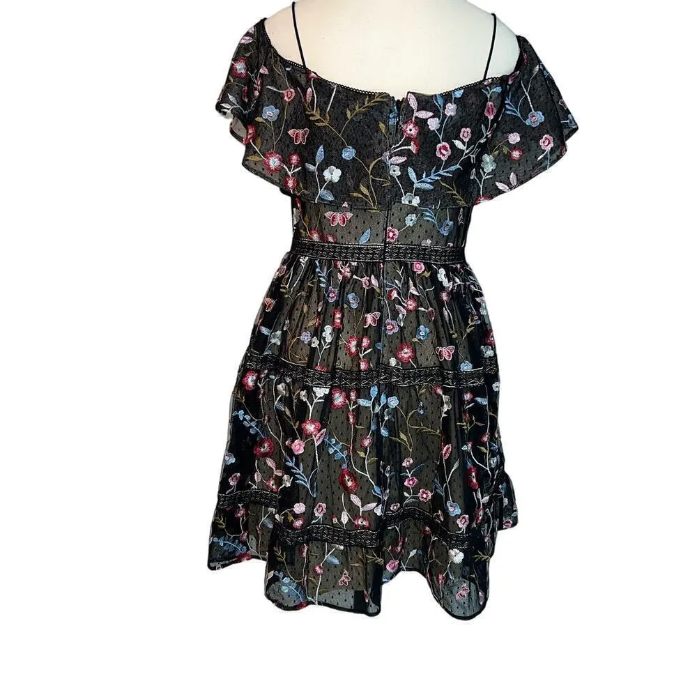 Adriana Papell Black Boho Embroidered Tiered Dress Off the Shoulder Size 4 - Image 14