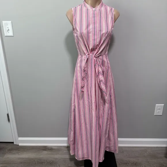 Calvin Klein Sleeveless Button Front Shirt Dress Candy Pin Stripe Pink Tie 2 - Image 2