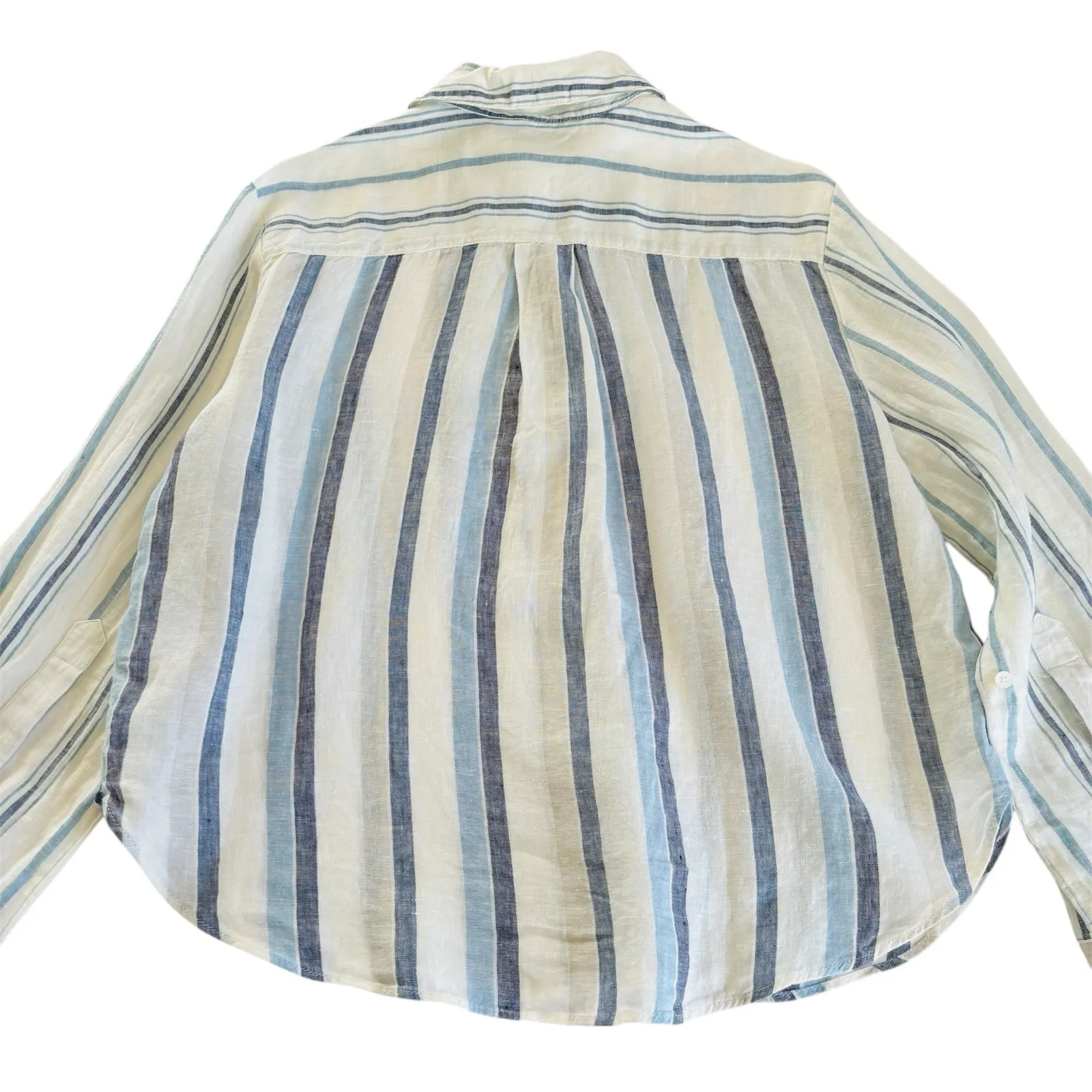 Madewell Linen Easy Y-Neck Button Up Shirt in Blue Mixed Stripe Women’s Small - Image 7