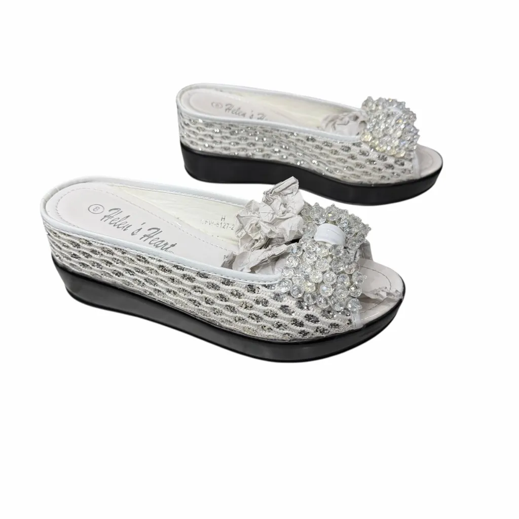 Helens Heart Wedge Sandal Womens 8 White Open Toe Sparkle Bling Crystal Bow Glam - Image 4
