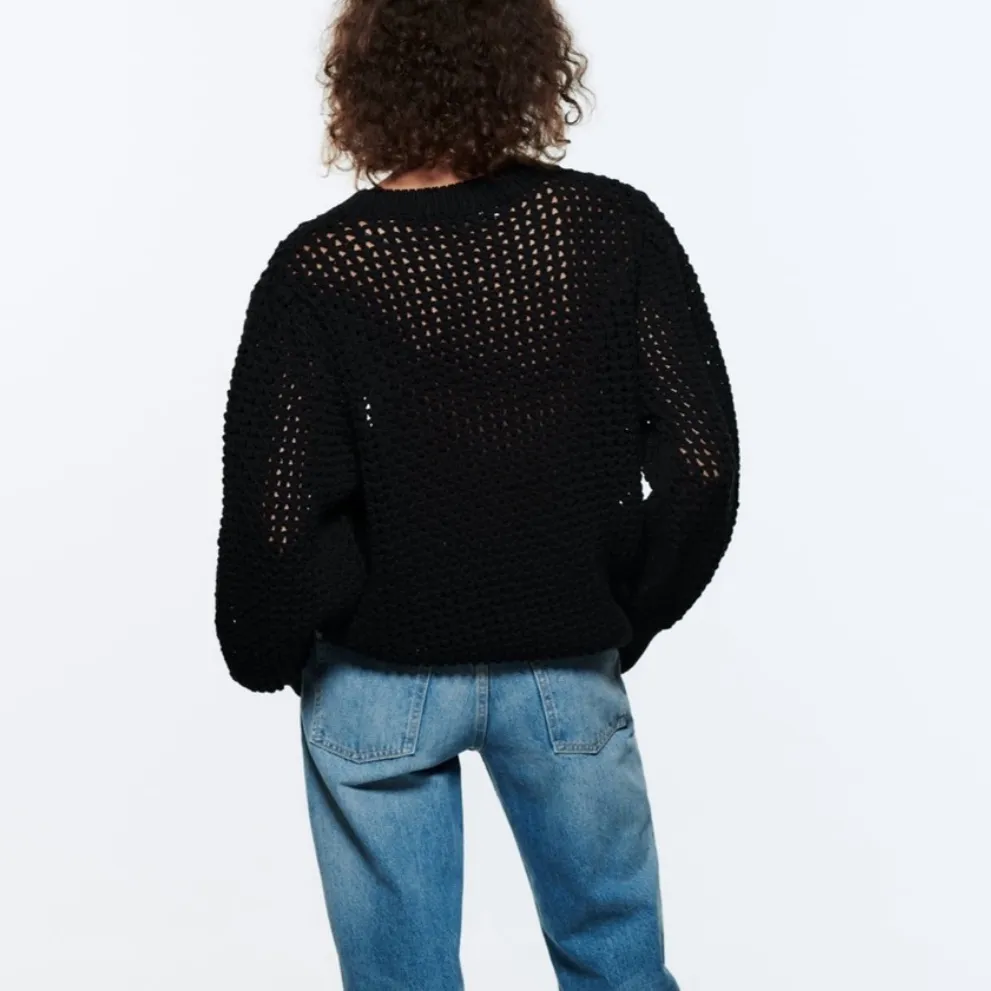 Zara textured open knit chunky sweater crewneck balloon sleeves black size M - Image 2