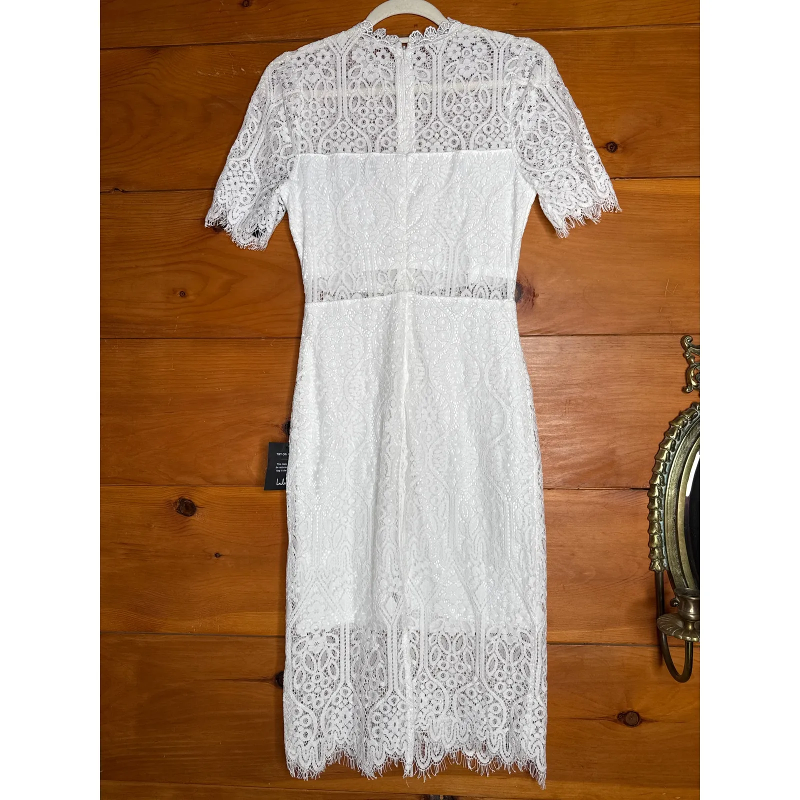 NWT Lulus Remarkable White Sheer Lace Short Sleeve Midi Dress Sheath Classy Sz S - Image 5