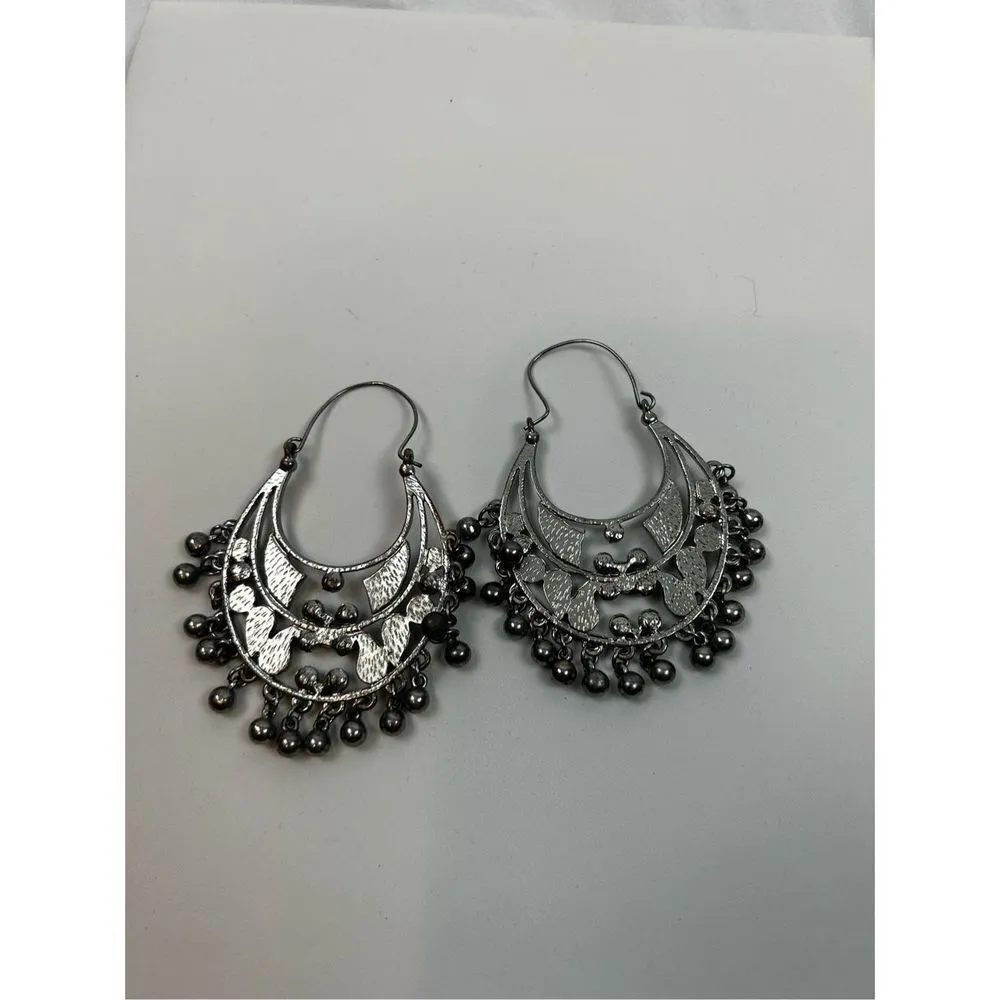 Silver bohemian tone Hoop Earrings w/ Olive Green & Black Enamel 2 3/4" and silv - Image 7