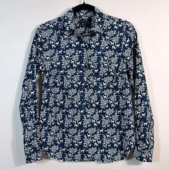 J. Crew Popover Blouse Deer Winter Blue White Longsleeve Top Women Size 2 - Image 2