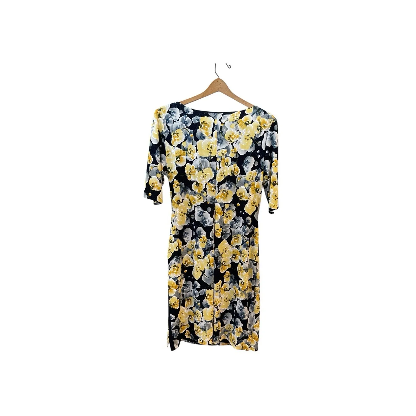 Connected Apparel Womens 10 Dress Navy Yellow Floral Knit Short‎ Sleeve - Image 3