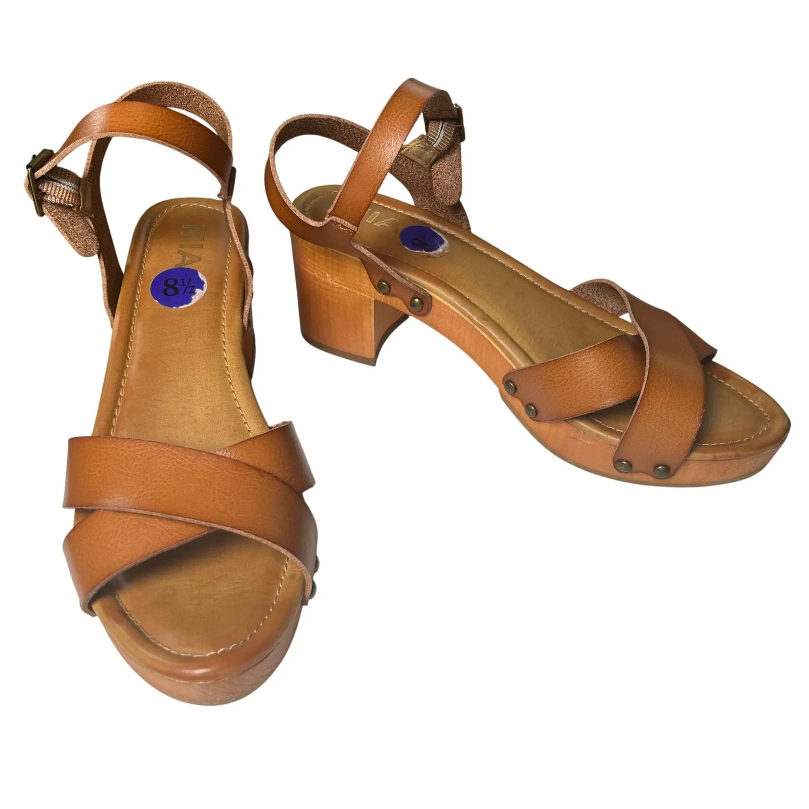 MIA Brown Criss Cross Platform‎ Sandals Wood Heel Boho Retro 70s Size 8.5 - Image 7