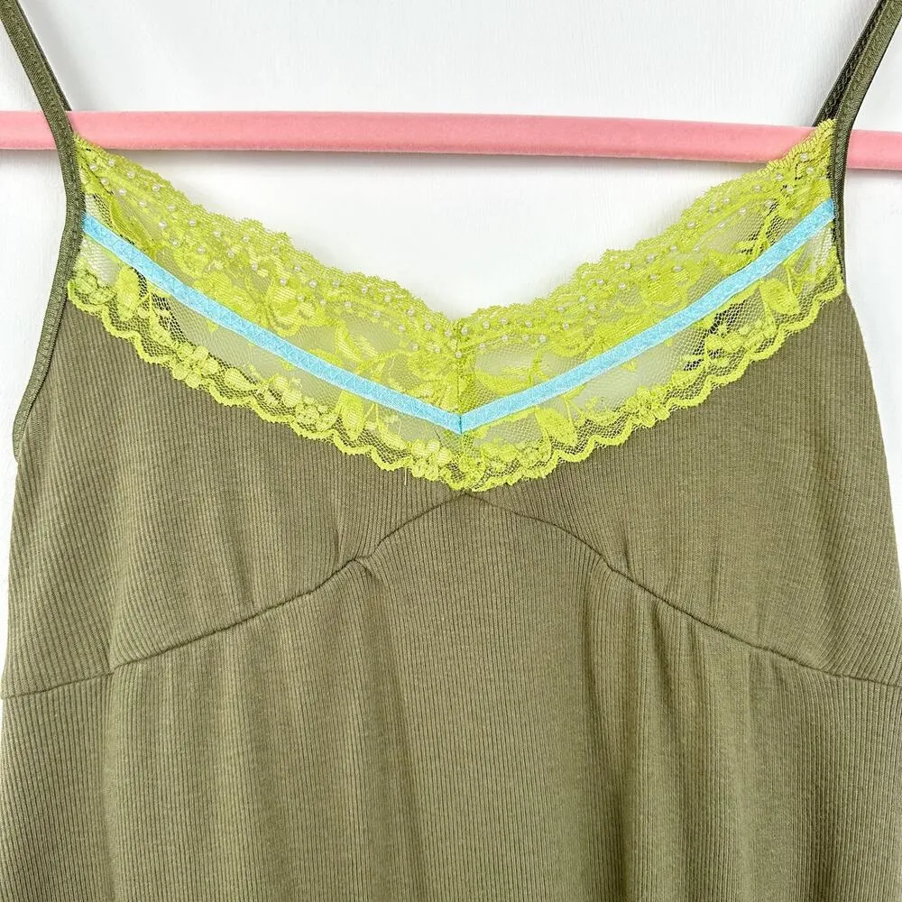 Y2K Lace Trim Cami with Beads Green - Image 2
