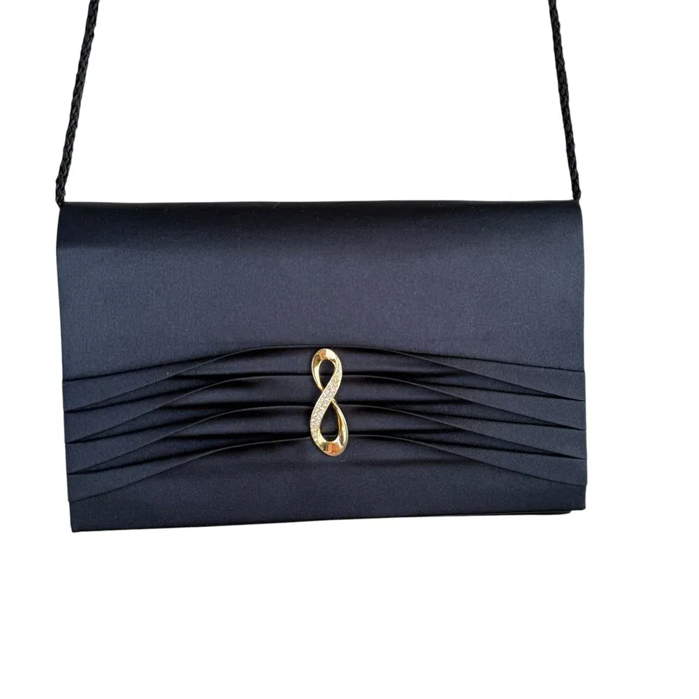 Vintage 60s Black Satin Pleated Purse Clutch Gold Tone Rhinestone Infinity Clasp - Image 3