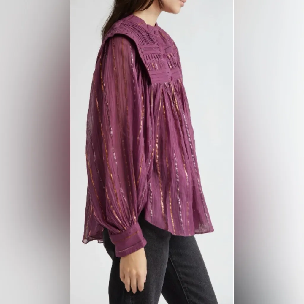 Farm Rio Burgundy Pleated Yoke Metallic Stripe Long Sleeve Button Blouse XS - Image 3