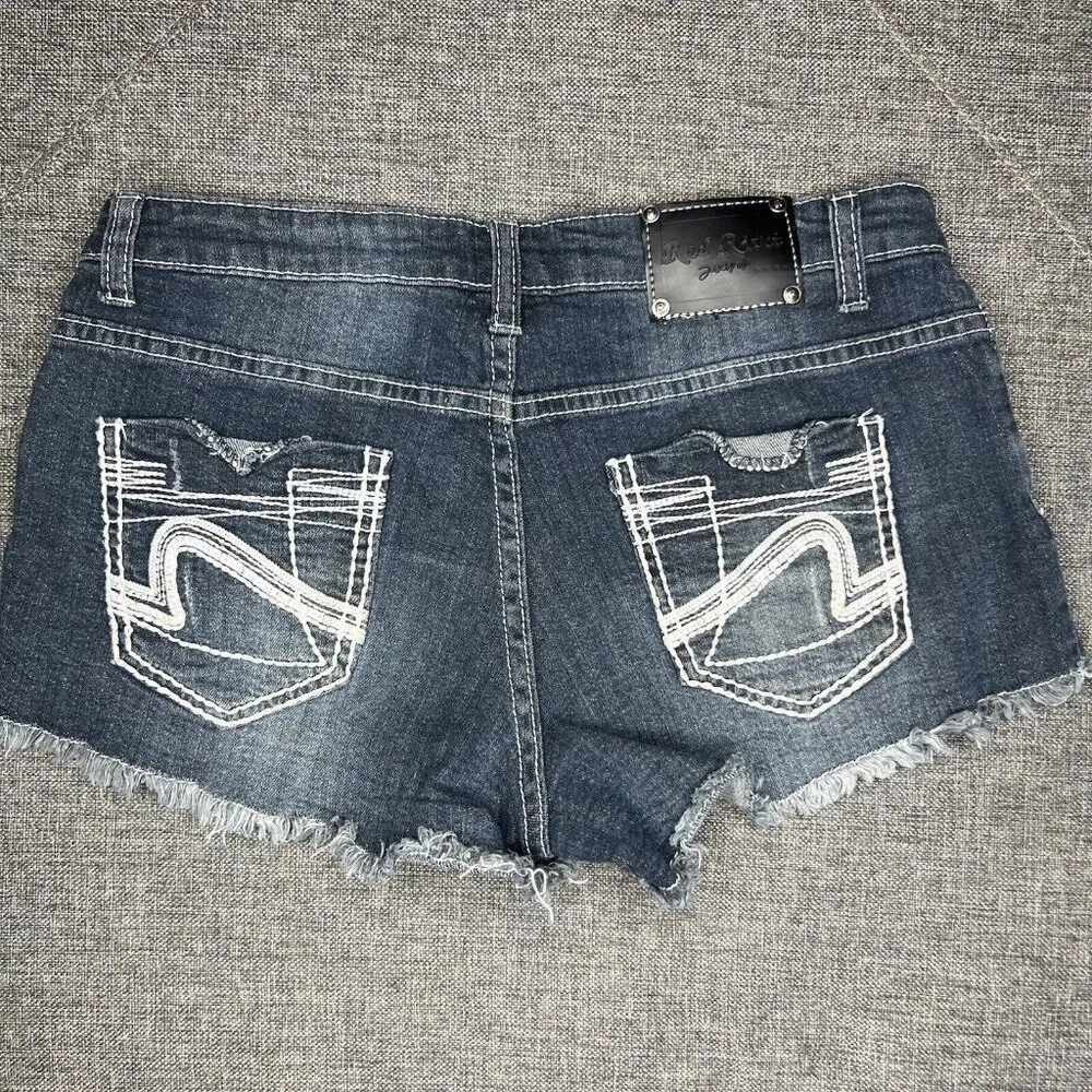 Red Rivet Jean Shorts Size‎ 7 Denim Cut Off Frayed Raw Hem Thick Stitch Pockets - Image 2