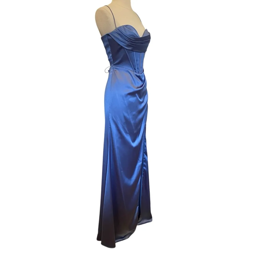 Ladivine Satin Corset Maxi Dress With Slit Cowl Neck Gown In Blue Size 8 - Image 6