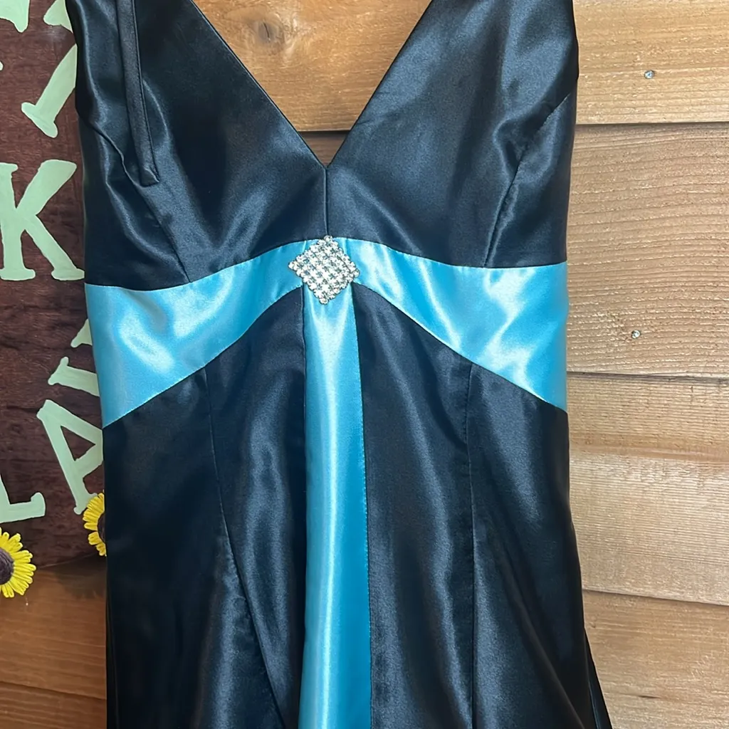 Gunne Sax Jessica McClintock Vintage Halter Backless Tie Black Blue Teal Y2K Zip - Image 5