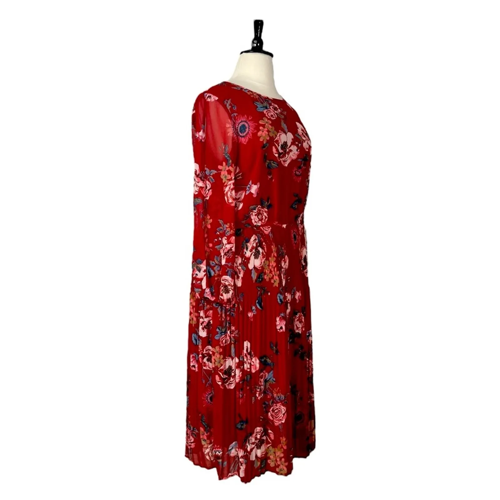 Ava & Viv Midi Dress Pleated Long Sleeves Red Multi Floral Women’s Size 1X - Image 4