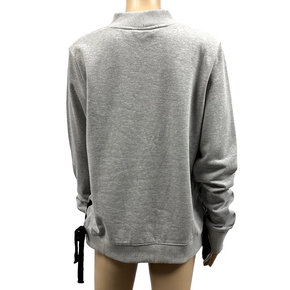 Bebe Sport Gray Black Lace Up Sides Rhinestone Logo Heather Gray Sweatshirt L - Image 4