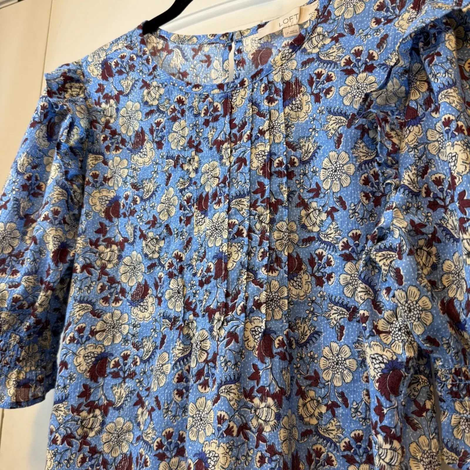 LOFT Petites Blue Floral Ruffle‎ Sleeve Pintuck Blouse Womens Workwear Trendy # - Image 5