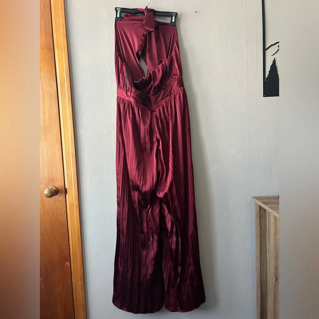 Lulus Burgundy Confident Impression Satin Pleated Halter Jumpsuit Size Large - Image 7