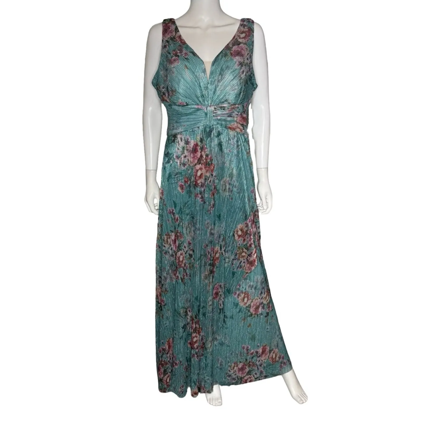 R & M Richards Women's Metallic Floral Print Sleeveless Gown Turquoise Sz 12 - Image 2