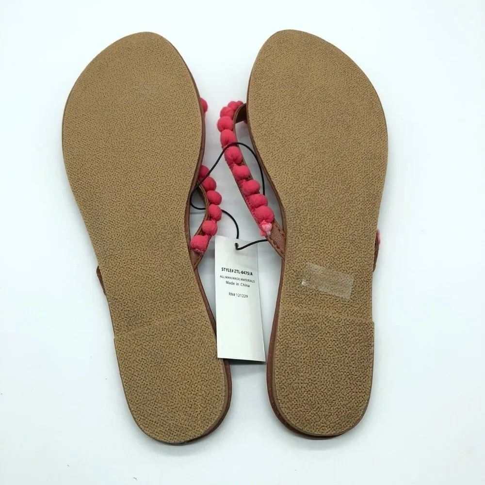 Sara Z Womens Flip Flop Sandals Faux Leather Pom Pom Pink Brown 11 - Image 4