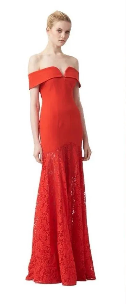 Aijek Red GODIVA SWEETHEART Off the shoulder LACE MAXI DRESS sz 2 - Image 2