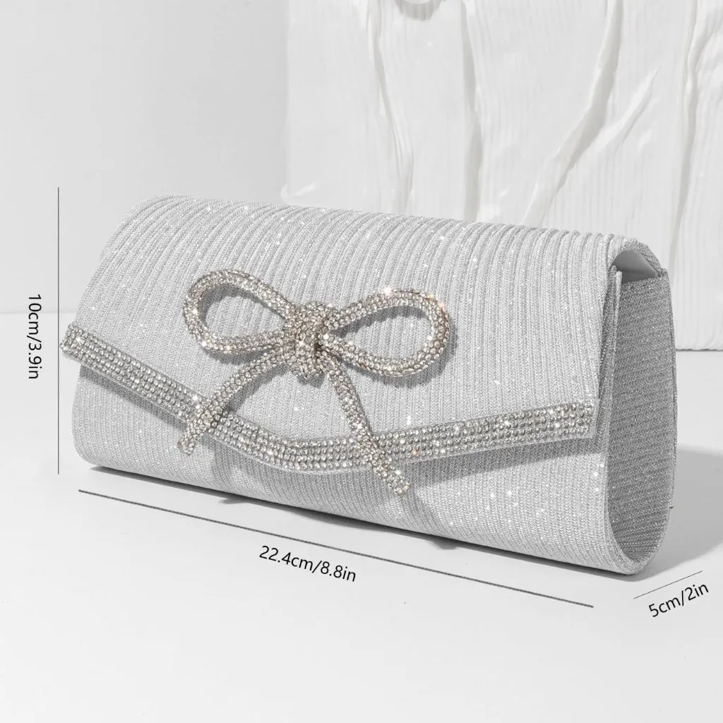 ⚡ Women's Silver Bow Sparkly Glitter Evening Rhinestone Party Prom Clutch Bag - Image 4