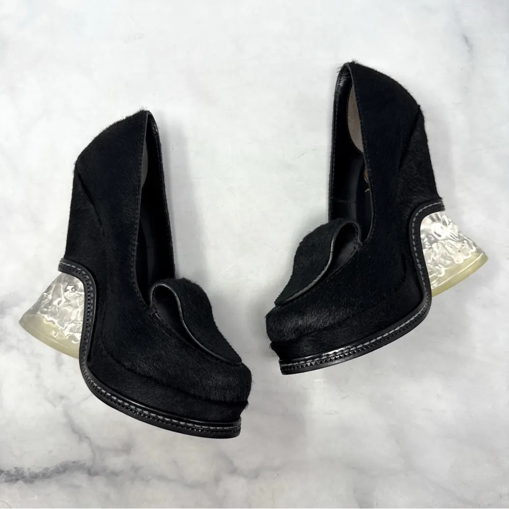 FENDI Ice Heel Calf Hair Leather Loafer Platform Wedge Avant Garde Goth Black 36 - Image 5