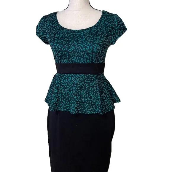 Iz Byer leopard print black teal peplum dress NWT - Image 2