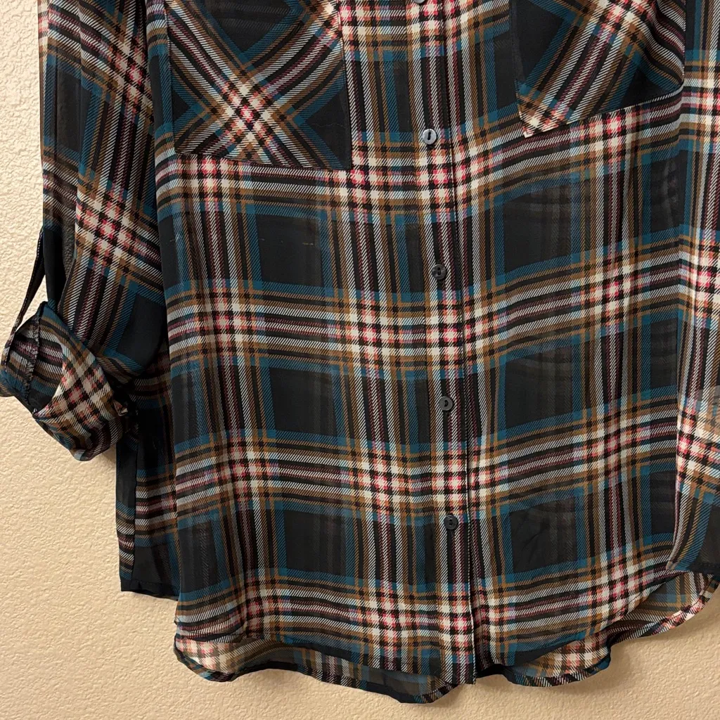 Decree LARGE Semi-Sheer Multicolor Plaid Button Down Shirt Roll Tab Long Sleeves - Image 7