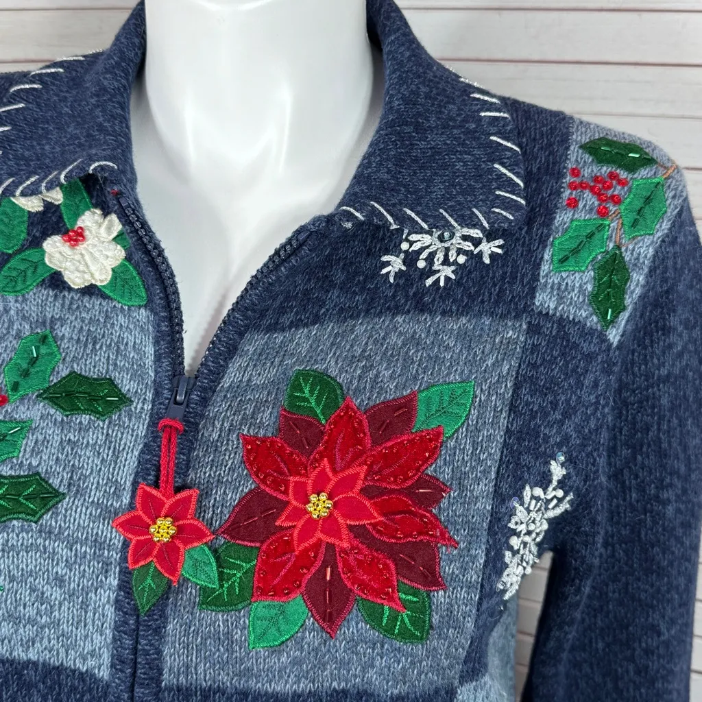 DressBarn Vintage Embroidered Beaded Christmas Sweater Cardigan Blue Large‎ - Image 5