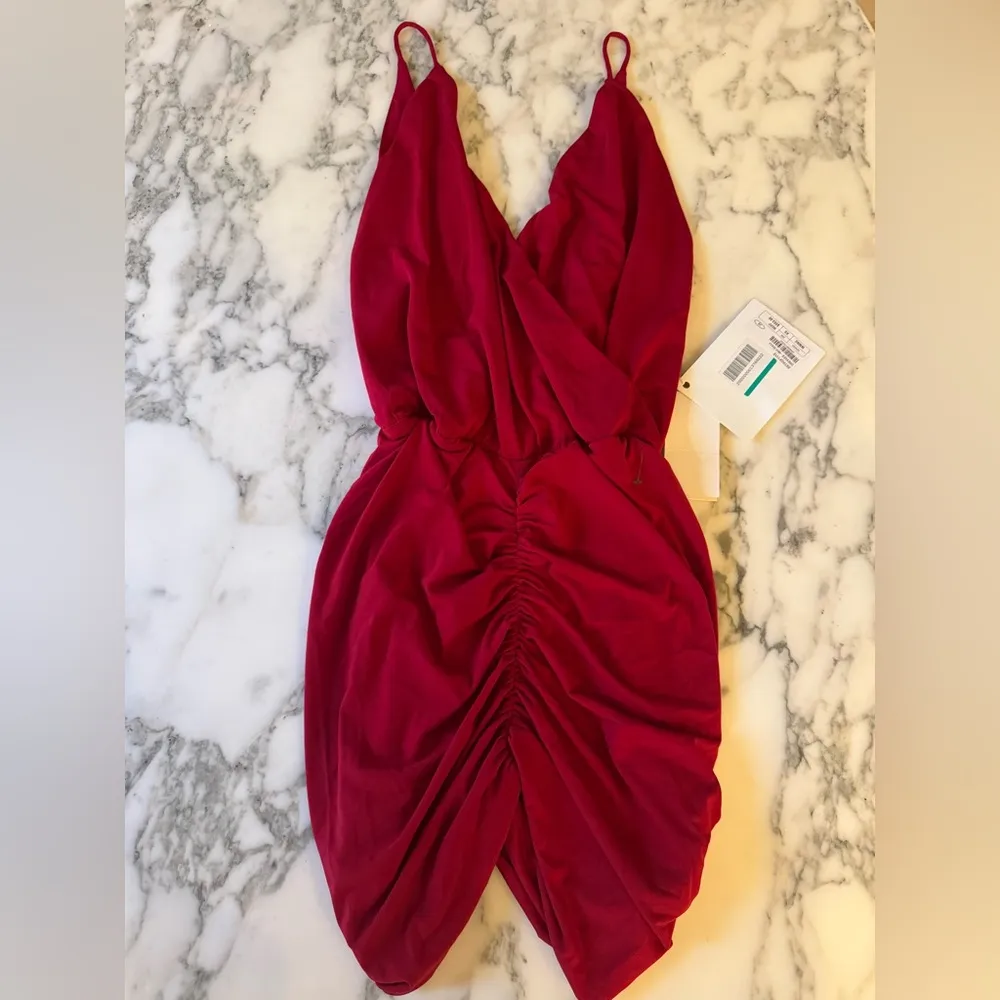 Retrofete Kai Dress in Red Size XS NWT Bodycon Ruched V Neck Open Back Mini - Image 5